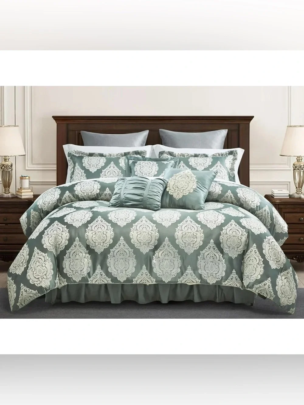 Elegant Sage Green Damask king 3 piece Comforter Set -